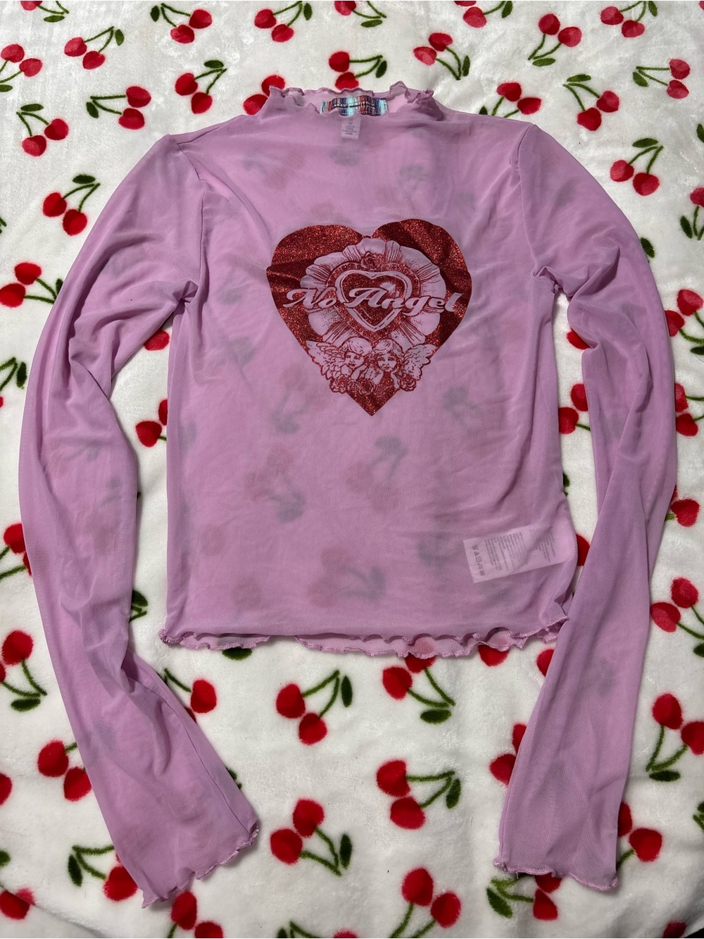 Urban Outfitters Pink Long-Sleeve l Mesh Crop Top no angel glitter heart